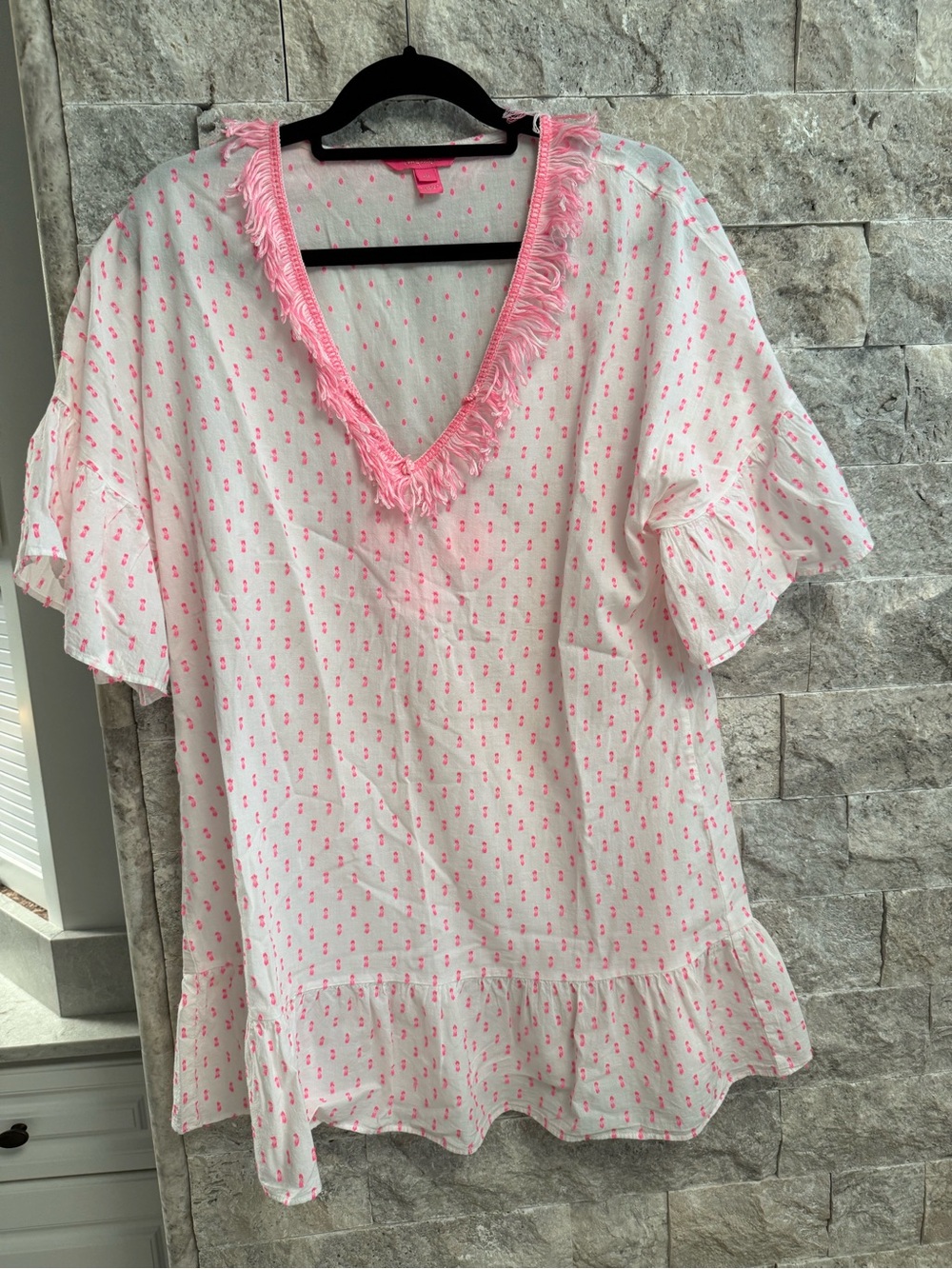 Pink Patterned V-Neck Ruffle Sleeve Women's Kipper Cover-Up